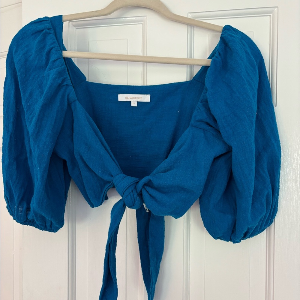 Olivaceous Blue Puff Sleeve Tie Front Blouse